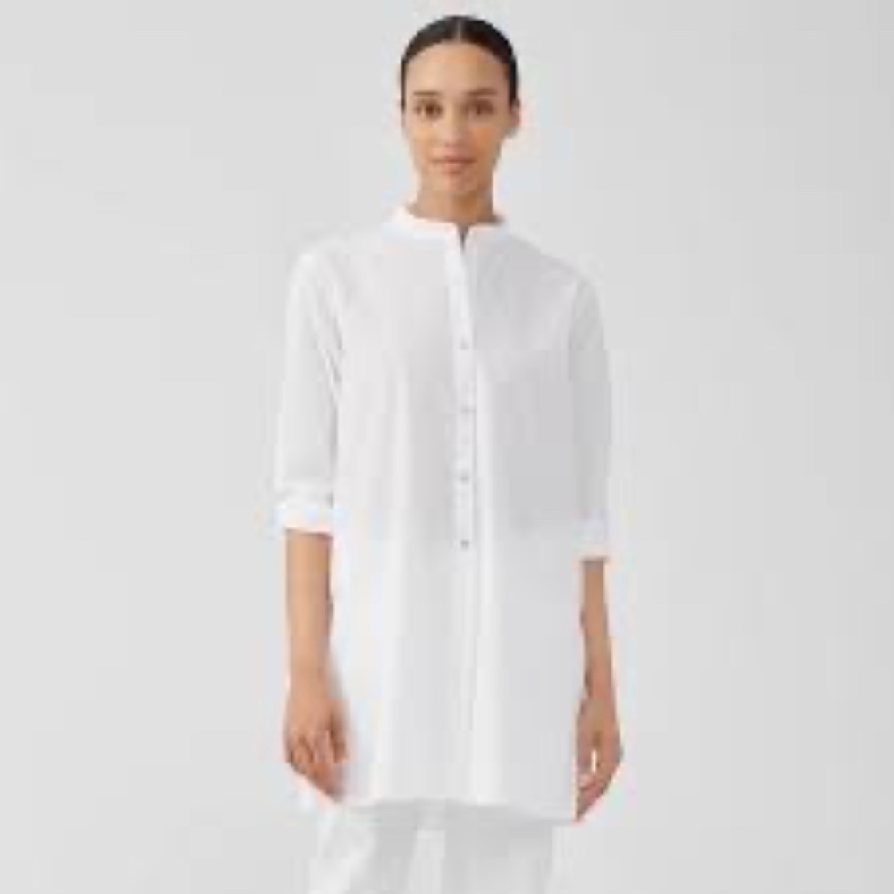 NWT Eileen Fisher Organic Cotton Stretch Lawn White Mandarin Collar Shirt Sz S/P